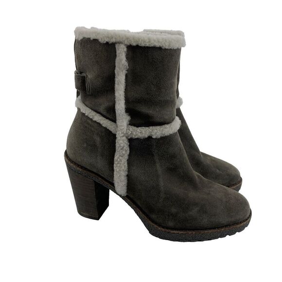 Frye Jen Shearling Short Block Heel Boots Gray Smoke Suede Ankle Zip Womens 8 - Picture 1 of 14